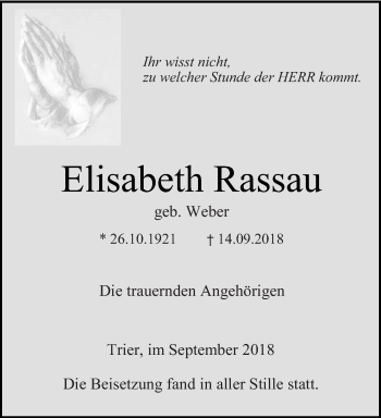 Traueranzeige von Elisabeth Rassau von trierischer_volksfreund