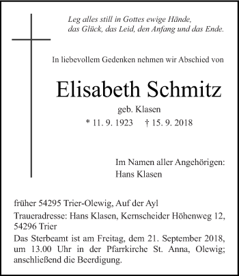 Traueranzeige von Elisabeth Schmitz von trierischer_volksfreund