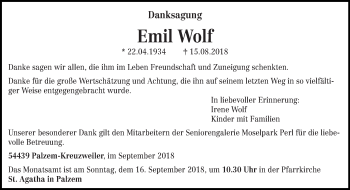 Traueranzeige von Emil Wolf von trierischer_volksfreund