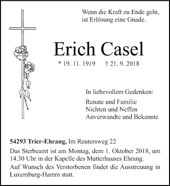 Traueranzeige von Erich Casel von trierischer_volksfreund