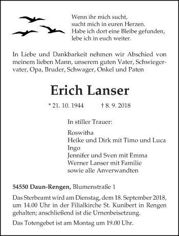 Traueranzeige von Erich Lanser von trierischer_volksfreund