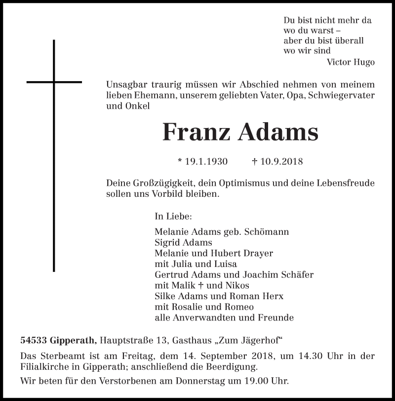  Traueranzeige für Franz Adams vom 12.09.2018 aus trierischer_volksfreund