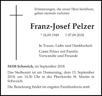 Traueranzeige von Franz-Josef Pelzer von trierischer_volksfreund