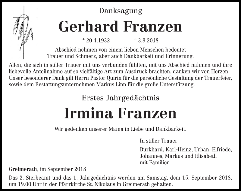  Traueranzeige für Gerhard und Irmina Franzen vom 08.09.2018 aus trierischer_volksfreund