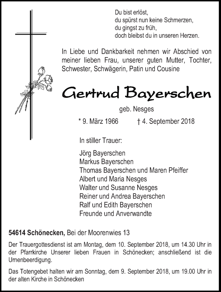  Traueranzeige für Gertrud Bayerschen vom 06.09.2018 aus trierischer_volksfreund