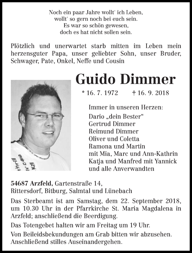  Traueranzeige für Guido Dimmer vom 19.09.2018 aus trierischer_volksfreund