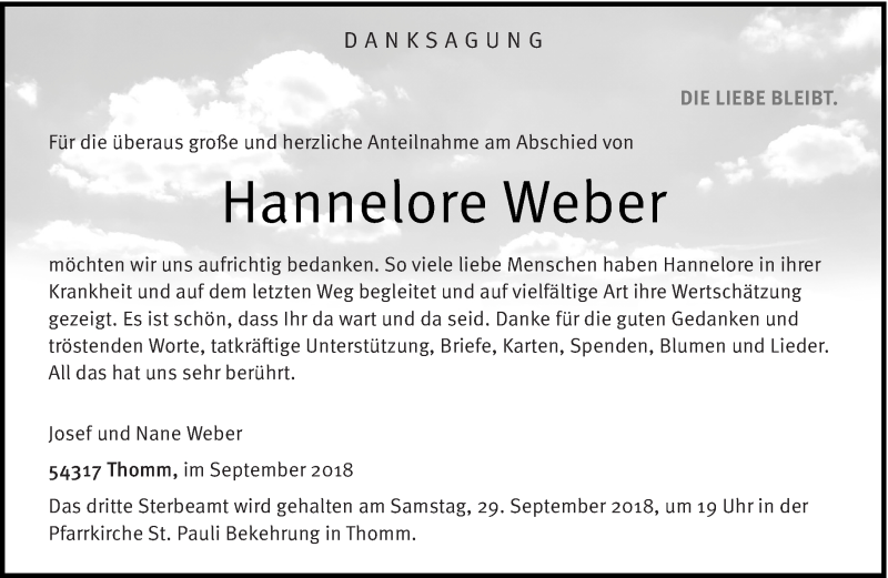  Traueranzeige für Hannelore Weber vom 22.09.2018 aus trierischer_volksfreund