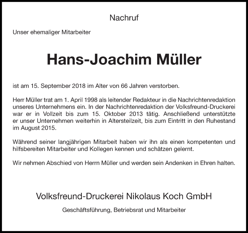  Traueranzeige für Hans-Joachim Müller vom 19.09.2018 aus trierischer_volksfreund