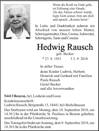 Traueranzeige von Hedwig Rausch von trierischer_volksfreund