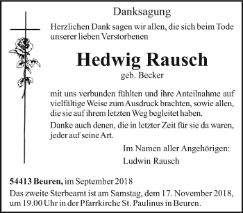 Traueranzeige von Hedwig Rausch von trierischer_volksfreund