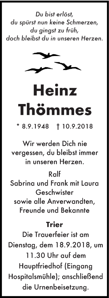  Traueranzeige für Heinz Thömmes vom 14.09.2018 aus trierischer_volksfreund