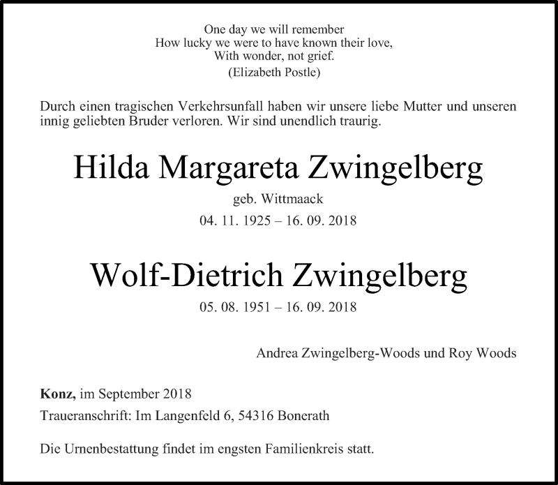  Traueranzeige für Hilda Margareta Zwingelberg vom 22.09.2018 aus trierischer_volksfreund