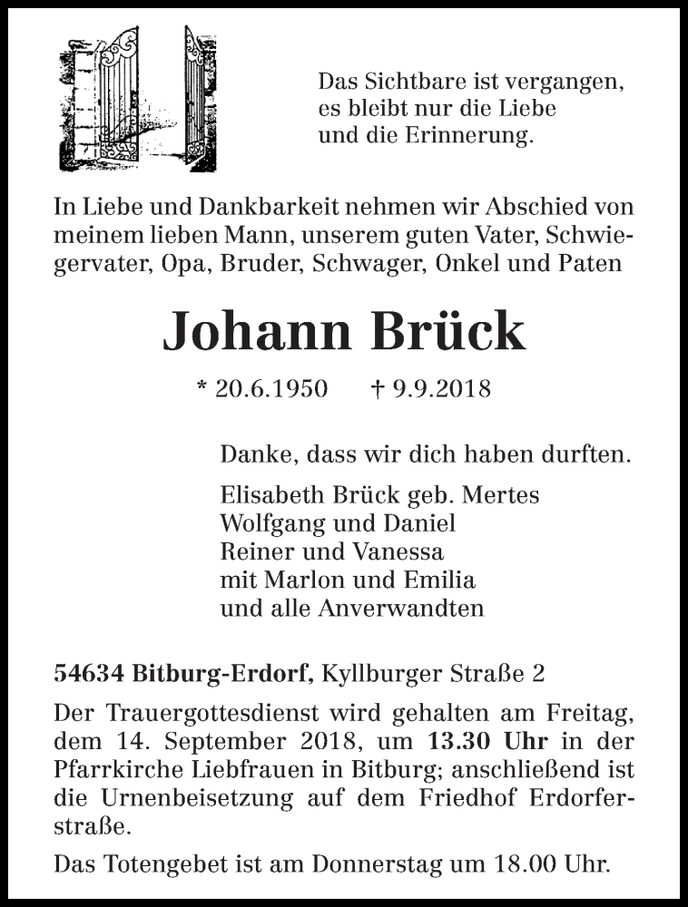  Traueranzeige für Johann Brück vom 12.09.2018 aus trierischer_volksfreund