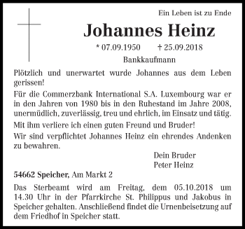 Traueranzeige von Johannes Heinz von trierischer_volksfreund