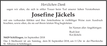 Traueranzeige von Josefine Jäckels von trierischer_volksfreund