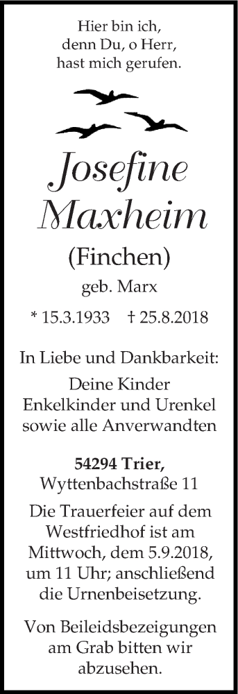  Traueranzeige für Josefine Maxheim vom 01.09.2018 aus trierischer_volksfreund