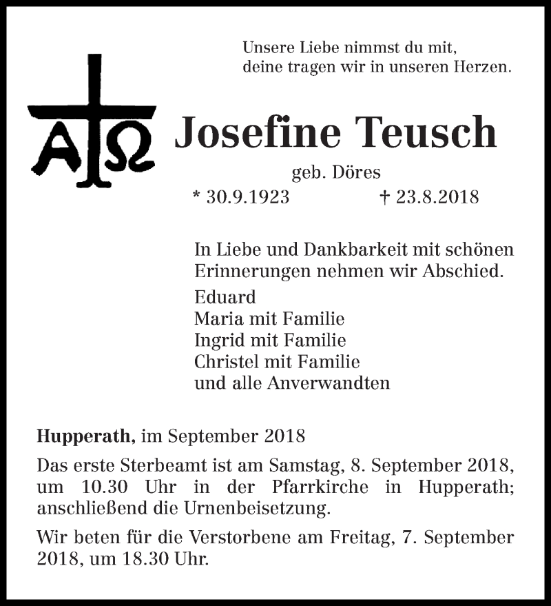  Traueranzeige für Josefine Teusch vom 01.09.2018 aus trierischer_volksfreund