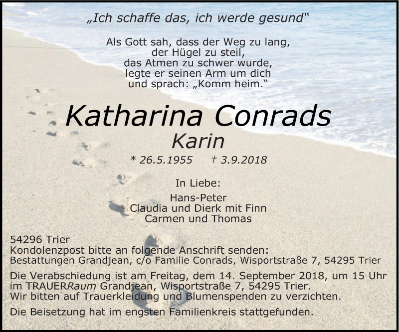  Traueranzeige für Katharina Conrads vom 08.09.2018 aus trierischer_volksfreund