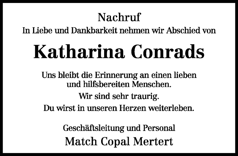  Traueranzeige für Katharina Conrads vom 12.09.2018 aus trierischer_volksfreund