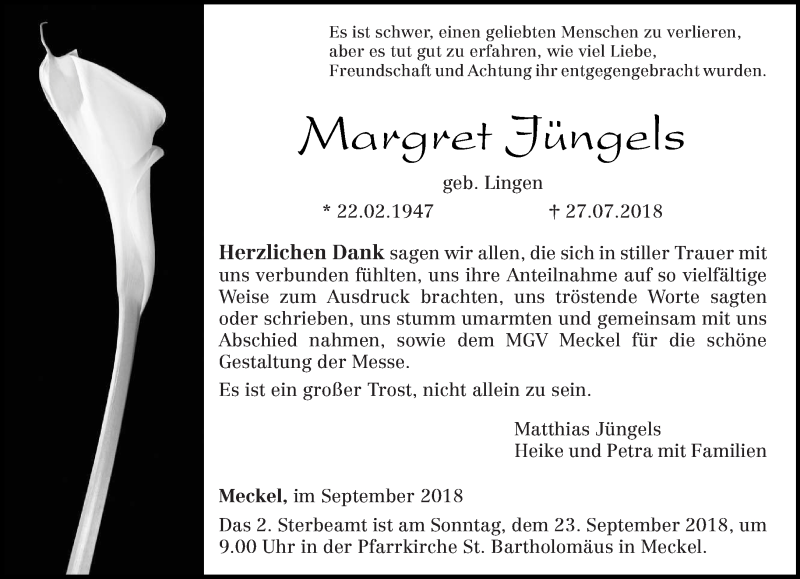  Traueranzeige für Margret Jüngels vom 15.09.2018 aus trierischer_volksfreund