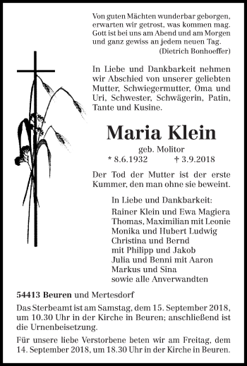 Traueranzeige von Maria Klein von trierischer_volksfreund