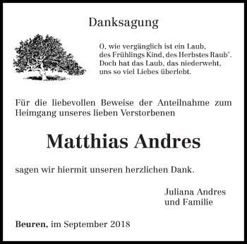 Traueranzeige von Matthias Andres von trierischer_volksfreund