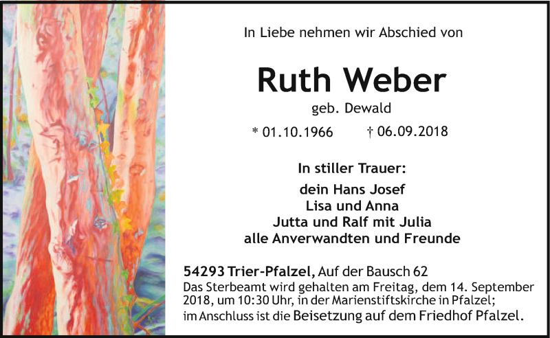  Traueranzeige für Ruth Weber vom 11.09.2018 aus trierischer_volksfreund