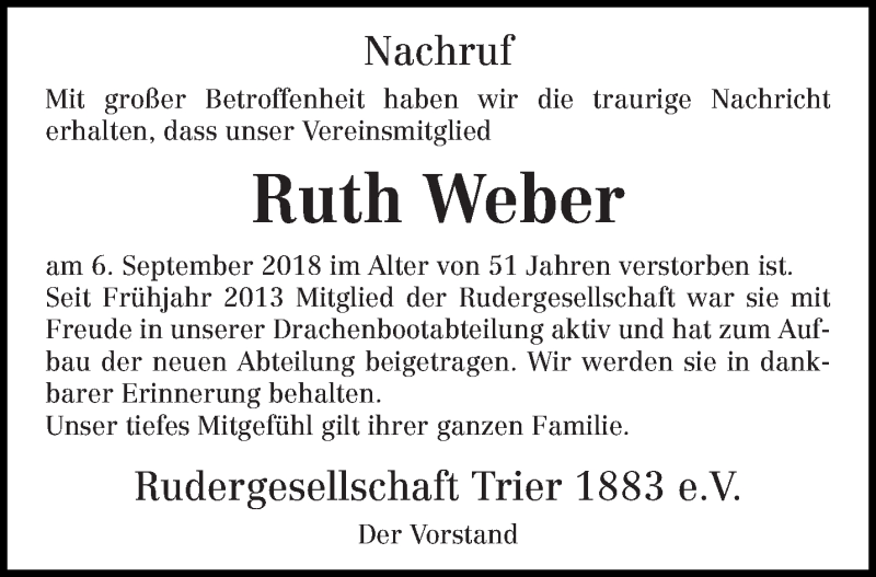  Traueranzeige für Ruth Weber vom 11.09.2018 aus trierischer_volksfreund