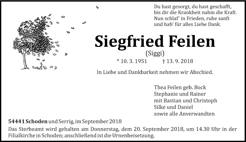  Traueranzeige für Siegfried Feilen vom 17.09.2018 aus trierischer_volksfreund