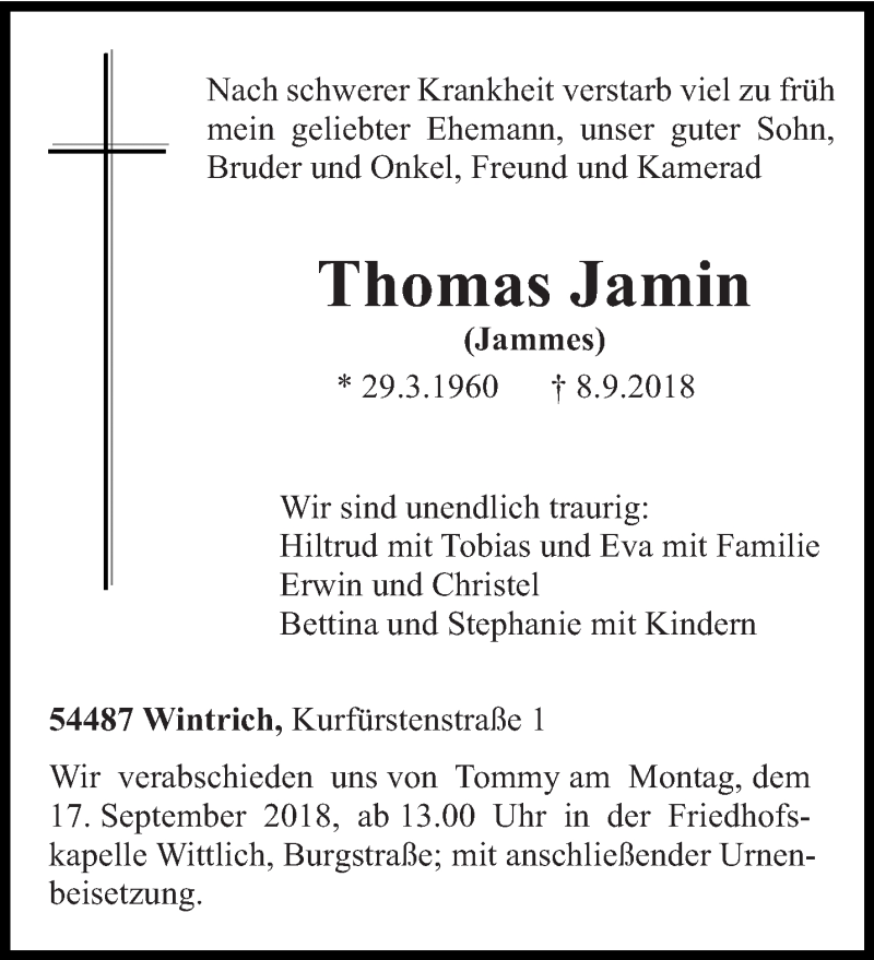  Traueranzeige für Thomas Jamin vom 12.09.2018 aus trierischer_volksfreund