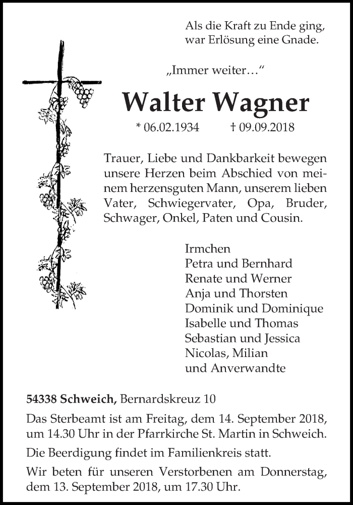  Traueranzeige für Walter Wagner vom 11.09.2018 aus trierischer_volksfreund