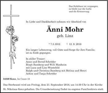 Traueranzeige von Änni Mohr von trierischer_volksfreund