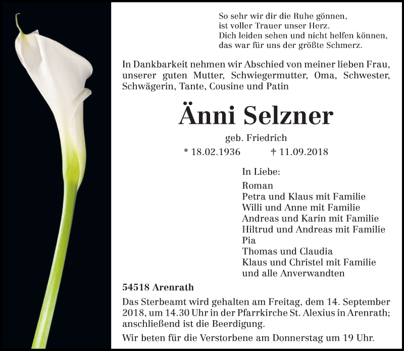  Traueranzeige für Änni Selzner vom 12.09.2018 aus trierischer_volksfreund