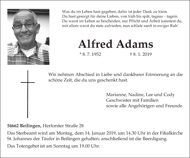  Traueranzeige für Alfred Adams vom 11.01.2019 aus trierischer_volksfreund
