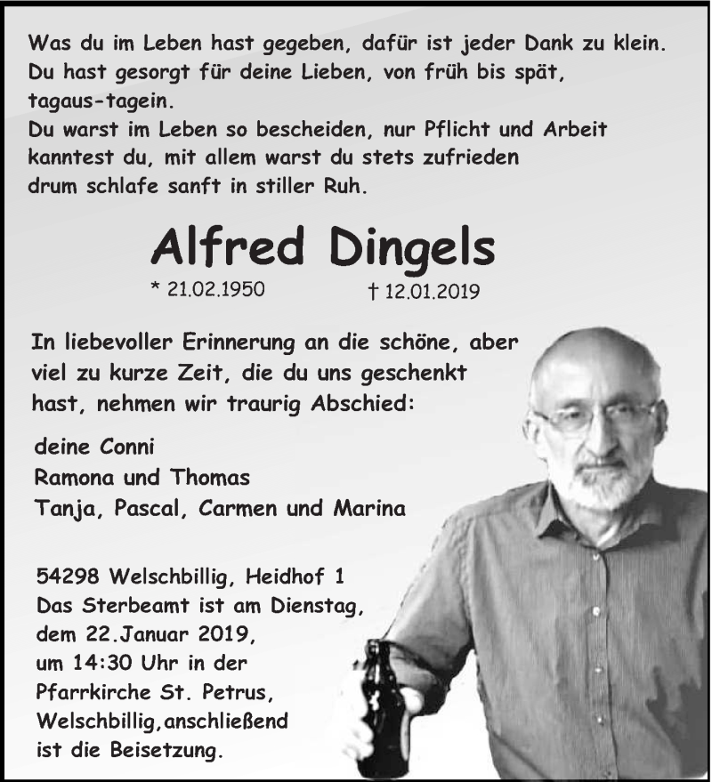  Traueranzeige für Alfred Dingels vom 15.01.2019 aus trierischer_volksfreund