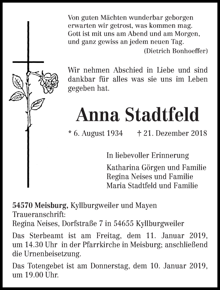  Traueranzeige für Anna Stadtfeld vom 07.01.2019 aus trierischer_volksfreund