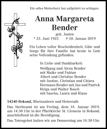 Traueranzeige von Anna Margareta Bender von trierischer_volksfreund