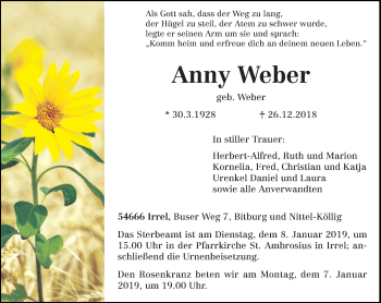 Traueranzeige von Anny Weber von trierischer_volksfreund