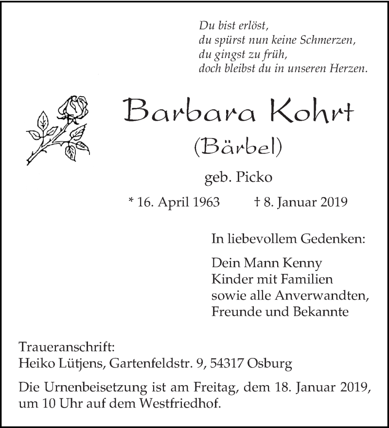  Traueranzeige für Barbara Kohrt vom 12.01.2019 aus trierischer_volksfreund
