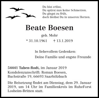 Traueranzeige von Beate Boesen von trierischer_volksfreund