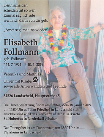 Traueranzeige von Elisabeth Follmann von trierischer_volksfreund