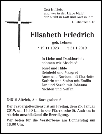 Traueranzeige von Elisabeth Friedrich von trierischer_volksfreund