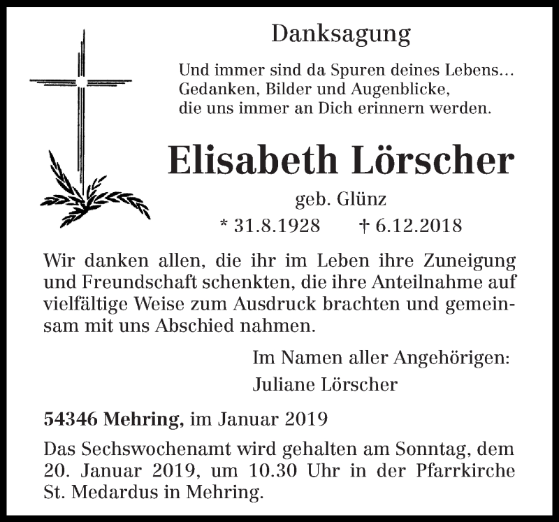  Traueranzeige für Elisabeth Lörscher vom 16.01.2019 aus trierischer_volksfreund