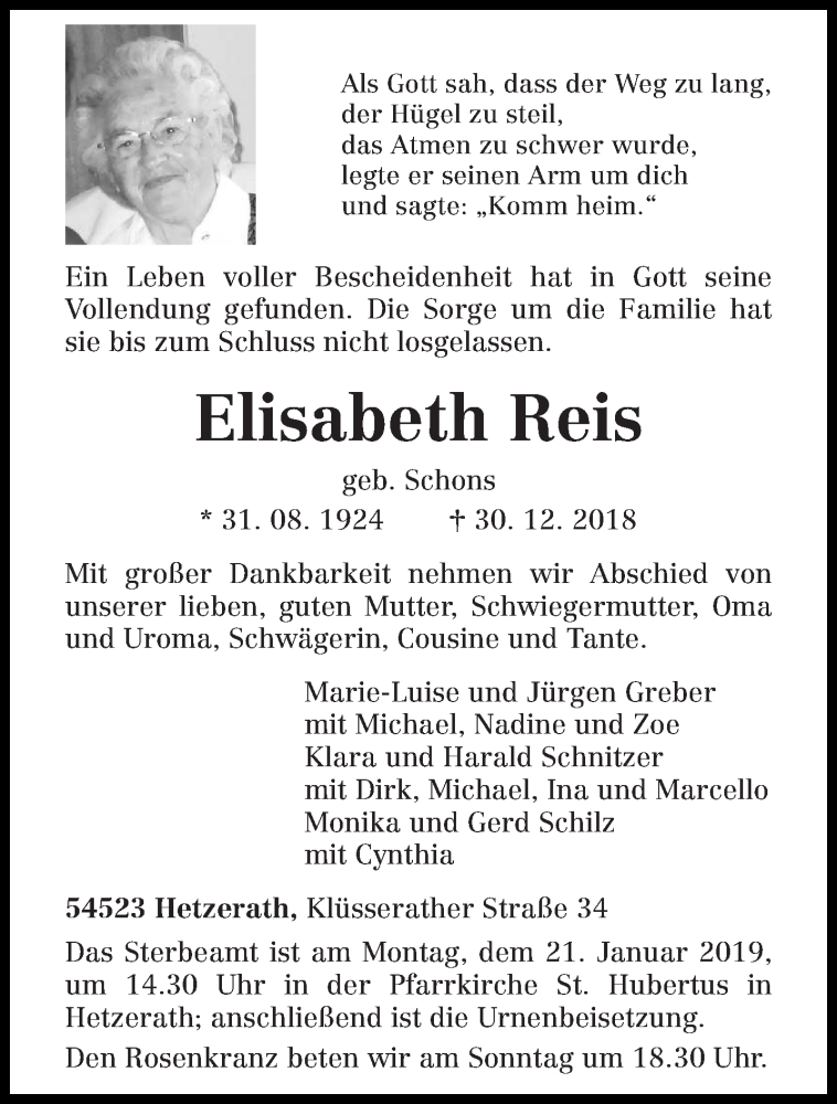  Traueranzeige für Elisabeth Reis vom 17.01.2019 aus trierischer_volksfreund