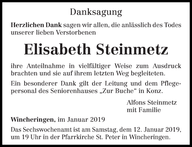  Traueranzeige für Elisabeth Steinmetz vom 05.01.2019 aus trierischer_volksfreund
