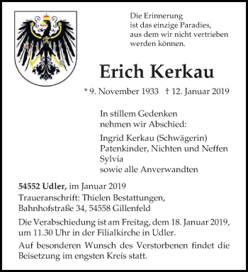Traueranzeige von Erich Kerkau von trierischer_volksfreund