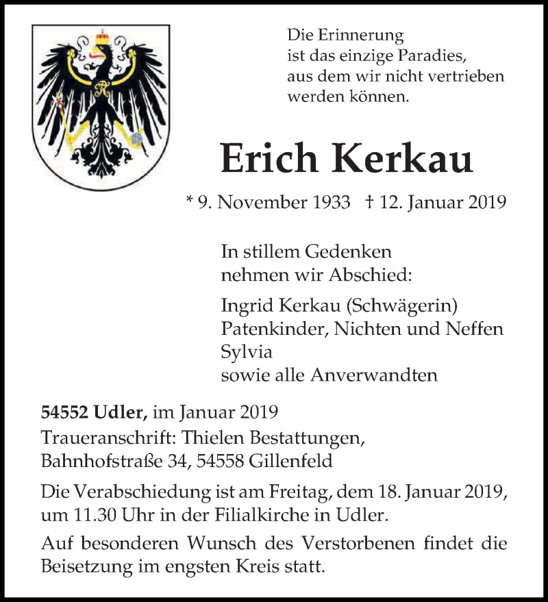  Traueranzeige für Erich Kerkau vom 15.01.2019 aus trierischer_volksfreund