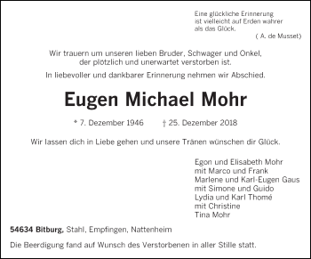 Traueranzeige von Eugen Michael Mohr von trierischer_volksfreund