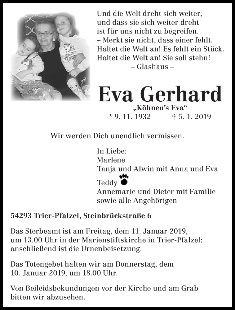 Traueranzeige für Eva Gerhard vom 09.01.2019 aus trierischer_volksfreund