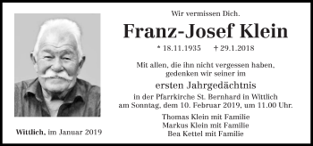 Traueranzeige von Franz-Josef Klein von trierischer_volksfreund